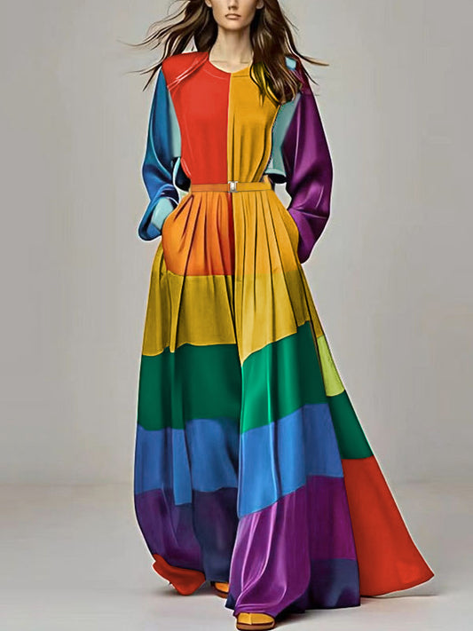 Long Sleeves Loose Colorful Striped Round-Neck Maxi Dresses