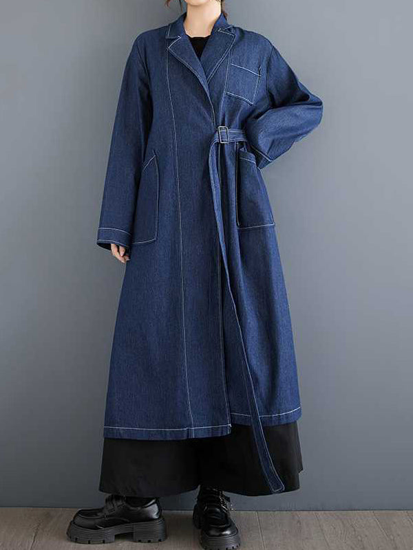 Long Sleeves Loose Buckle Pockets Solid Color Split-Joint Notched Collar Outerwear Trench Coats