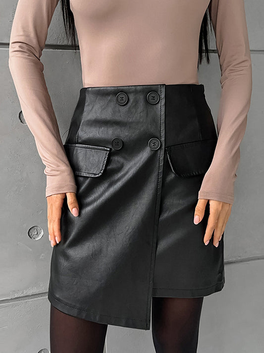 A-Line High Waisted Asymmetric Buttoned Solid Color Split-Joint Skirts Bottoms