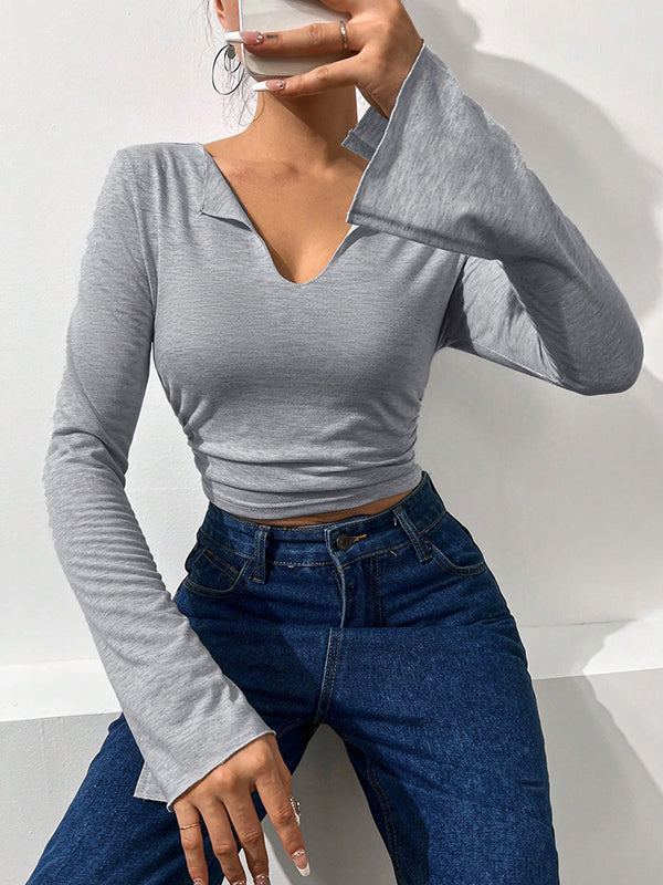 Flared Sleeves Long Sleeves Pleated Solid Color V-Neck T-Shirts Tops