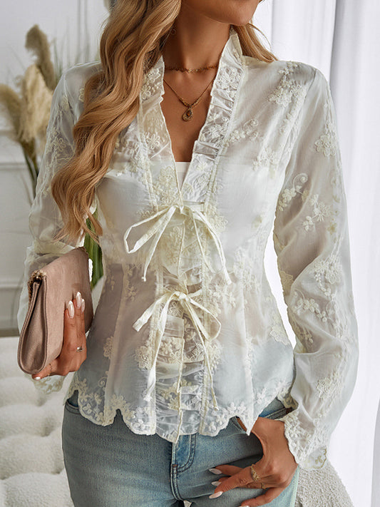 Long Sleeves Loose Embroidered Pleated See-Through Solid Color Tied Waist V-Neck Blouses&Shirts Tops