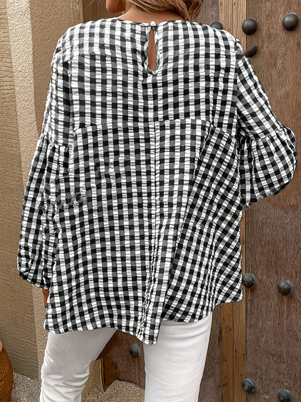 Loose Puff Sleeves Elasticity Hollow Plaid Split-Joint Round-Neck Blouses&Shirts Tops