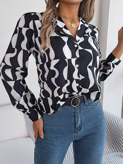 Long Sleeves Buttoned Contrast Color Notched Collar Blouses&Shirts Tops