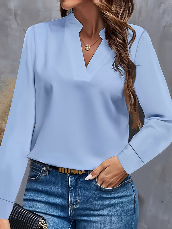 Long Sleeves Loose Solid Color Stand Collar Blouses&Shirts Tops