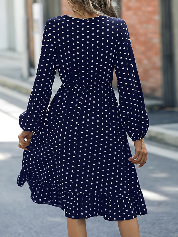 Long Sleeves Loose Elasticity Pleated Polka-Dot Split-Joint V-Neck Midi Dresses