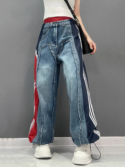 Loose Wide Leg Contrast Color Drawstring Elasticity Fringed Split-Joint Jean Pants Bottoms