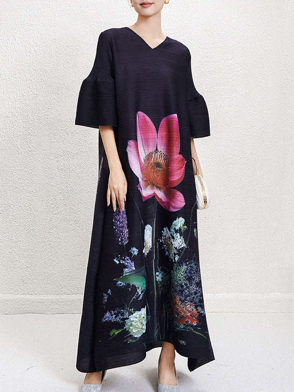 A-Line Flared Sleeves Flower Print Pleated V-Neck Maxi Dresses