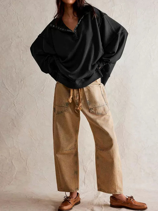 Long Sleeves Loose Buttoned Solid Color Split-Front Lapel Sweatshirt Tops