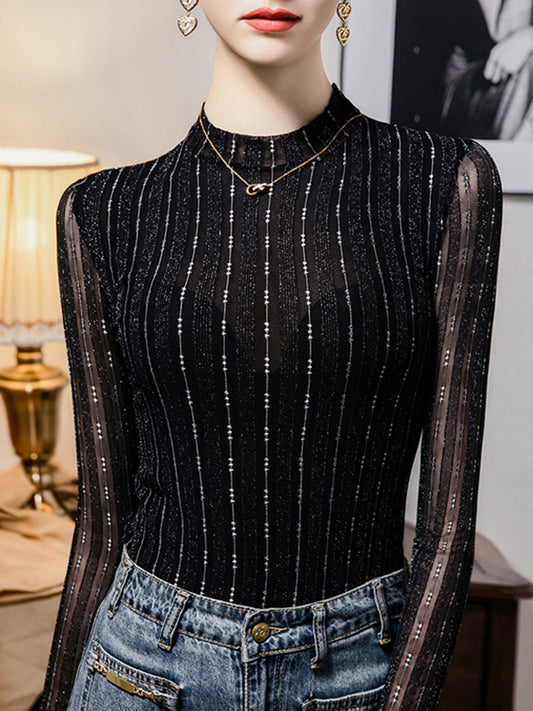 Long Sleeves Plus Size See-Through Striped Mock Neck T-Shirts Tops