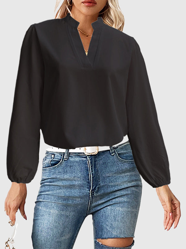 Long Sleeves Loose Elasticity Solid Color Stand Collar Blouses&Shirts Tops