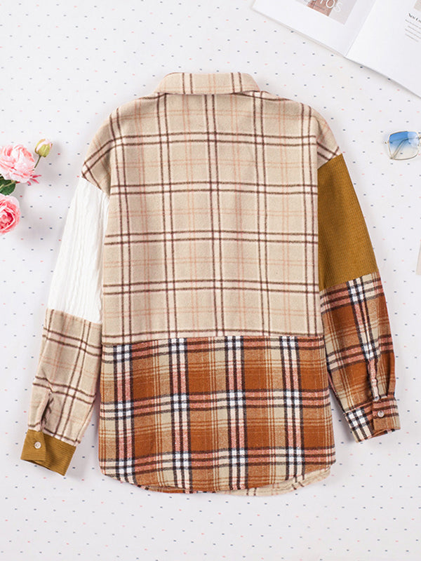 Long Sleeves Loose Buttoned Plaid Pockets Split-Joint Lapel Jackets Outerwear