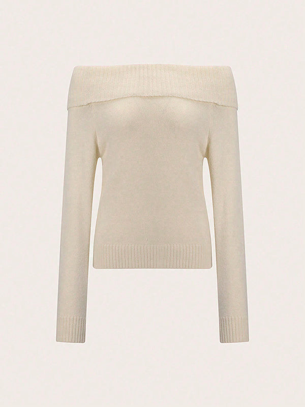 Long Sleeves Solid Color Off-The-Shoulder Pullovers Sweater Tops