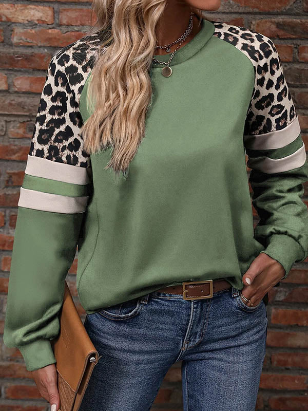 Loose Raglan Sleeve Contrast Color Leopard Split-Joint Round-Neck T-Shirts Tops