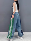 Loose Wide Leg Contrast Color Drawstring Elasticity Fringed Split-Joint Jean Pants Bottoms