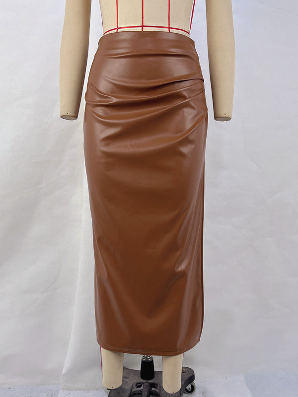 Bodycon High Waisted Pleated Solid Color Split-Side Skirts Bottoms