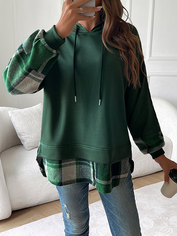 Hooded Long Sleeves Contrast Color Drawstring Plaid Pleated Hoodies Tops