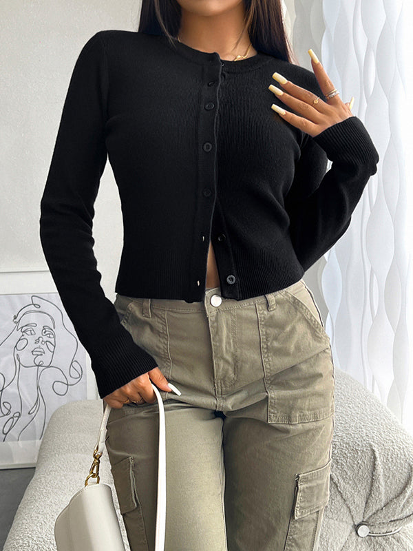 Long Sleeves Buttoned Solid Color Round-Neck Cardigan Tops