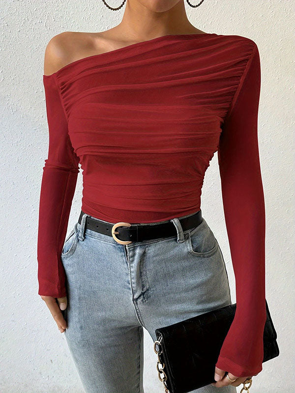 Long Sleeves Skinny Asymmetric Gauze Pleated See-Through Solid Color One-Shoulder T-Shirts Tops