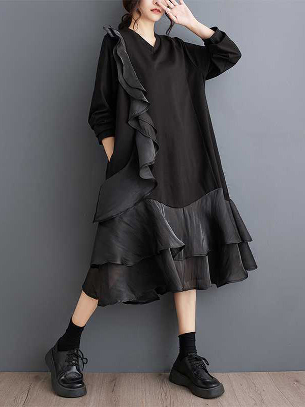 A-Line Long Sleeves Contrast Color Pockets Ruffle Trim Split-Joint V-Neck Midi Dresses