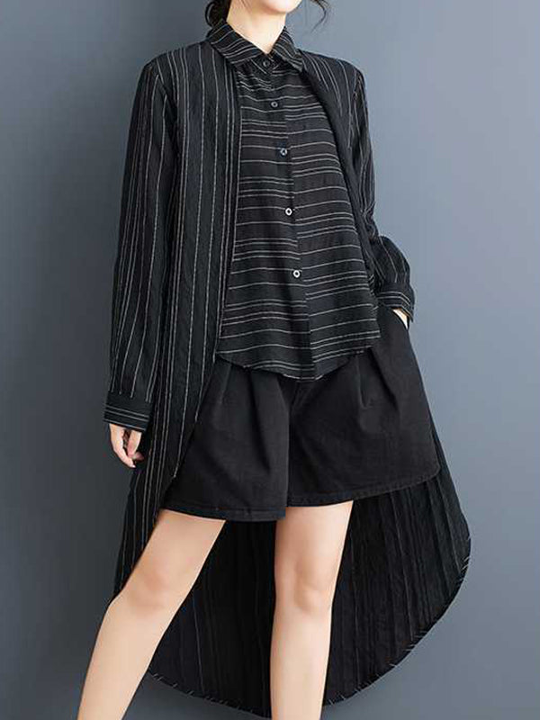 False Two High-Low Buttoned Split-Joint Striped Lapel Blouses&Shirts Tops