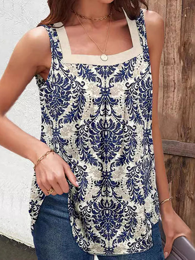 Loose Plus Size Pleated Printed Split-Joint Square-Neck Vest Top