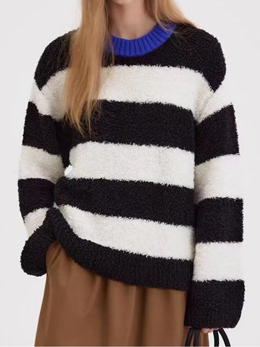 Long Sleeves Loose Contrast Color Split-Joint Striped Round-Neck Pullovers Sweater Tops