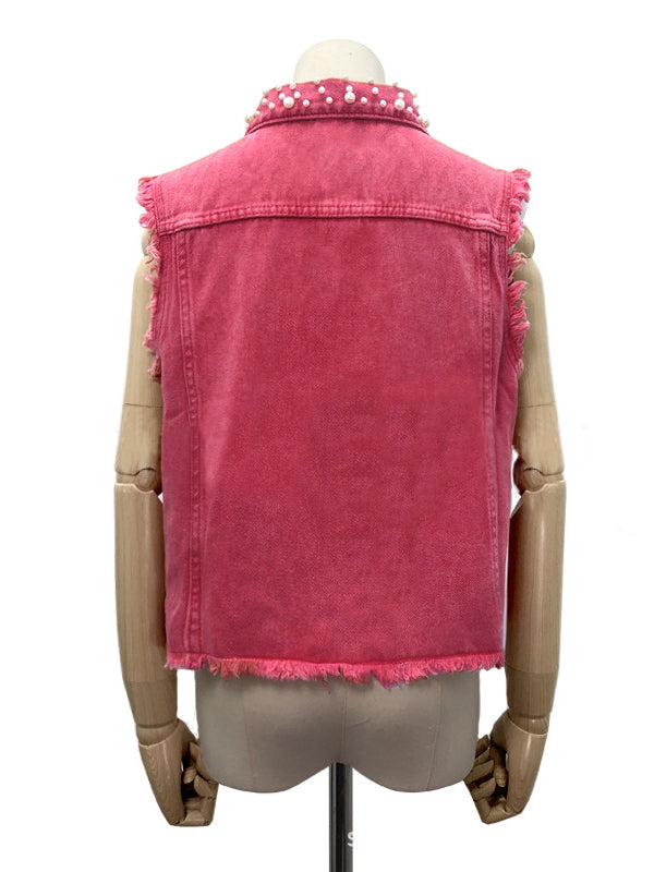 Loose Sleeveless Beaded Fringed Split-Joint Lapel Vest Outerwear