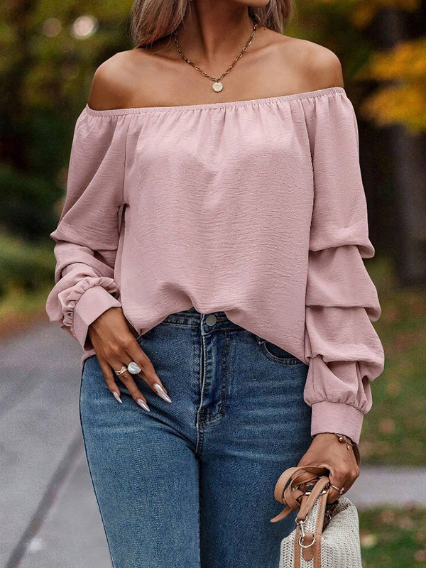 Long Sleeves Loose Elasticity Pleated Solid Color Off-The-Shoulder Blouses&Shirts Tops