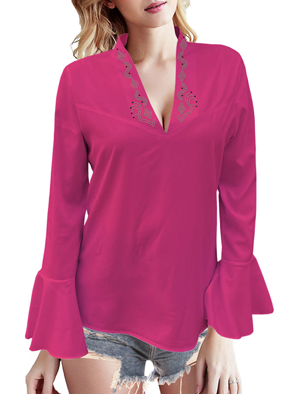 Flared Sleeves Long Sleeves Rhine Stones Solid Color V-Neck Blouses&Shirts Tops