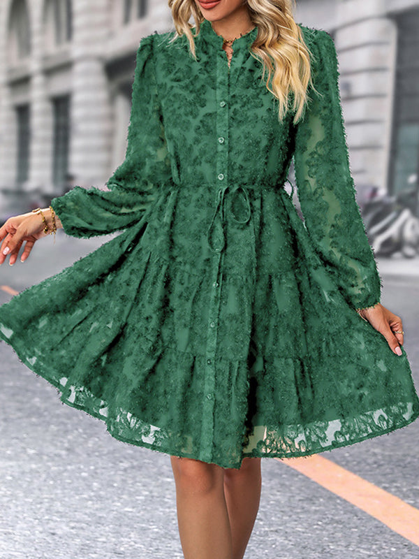 A-Line Long Sleeves Buttoned Elasticity Jacquard Pleated Solid Color Tied Waist Stand Collar Mini Dresses