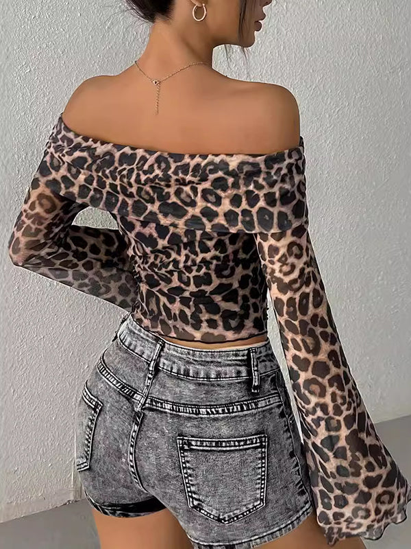 Long Sleeves Loose Gauze Leopard See-Through Split-Joint Off-The-Shoulder T-Shirts Tops