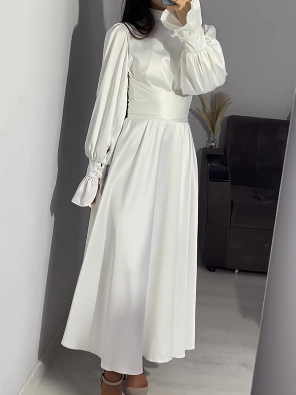 A-Line Long Sleeves Pleated Solid Color Tied Waist Zipper Mock Neck Maxi Dresses