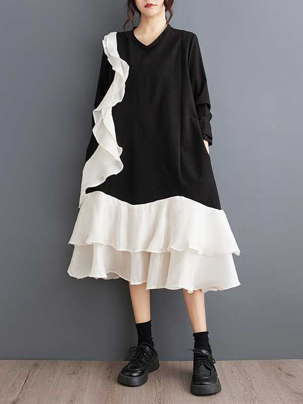 A-Line Long Sleeves Contrast Color Pockets Ruffle Trim Split-Joint V-Neck Midi Dresses