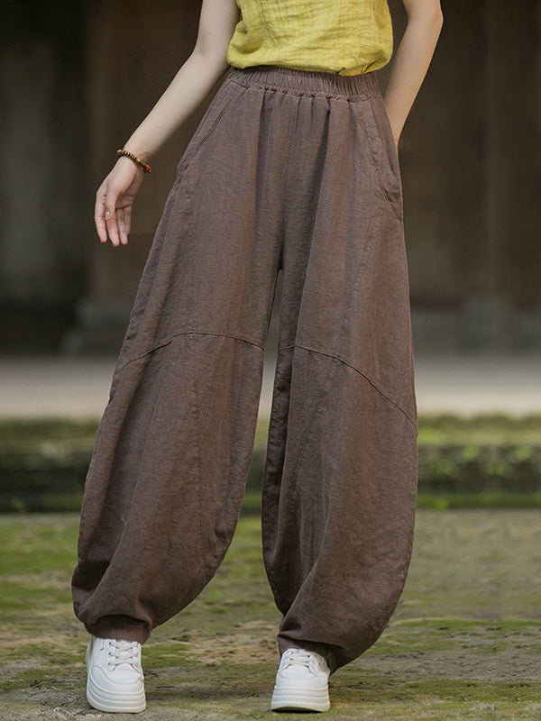 Loose Elasticity Pockets Solid Color Split-Joint Cropped Trousers Pants