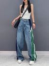 Loose Wide Leg Contrast Color Drawstring Elasticity Fringed Split-Joint Jean Pants Bottoms