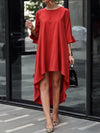 Flared Sleeves Half Sleeves Hollow Solid Color Split-Joint Round-Neck Midi Dresses