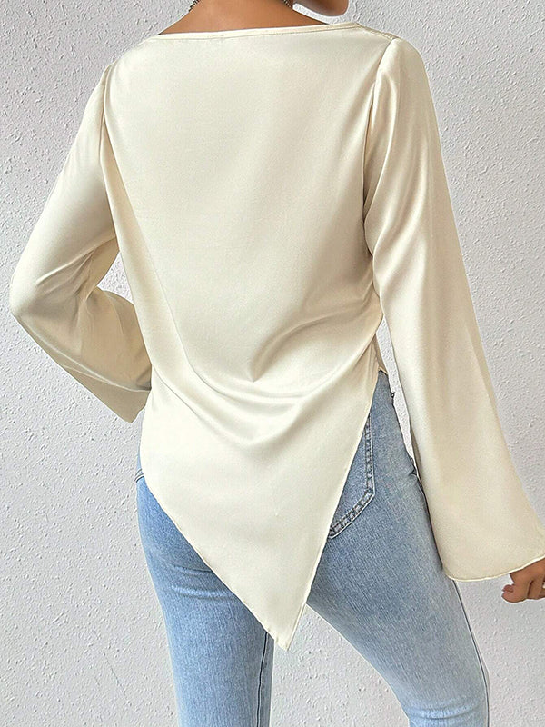 Long Sleeves Loose Solid Color Heaps Collar T-Shirts Tops