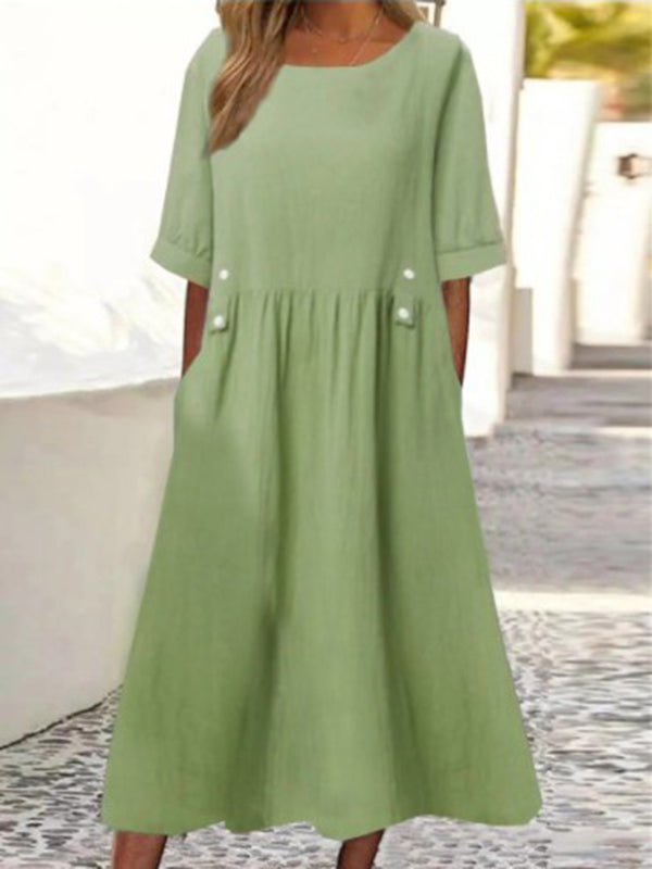 A-Line Loose Buttoned Pleated Pockets Round-Neck Midi Dresses