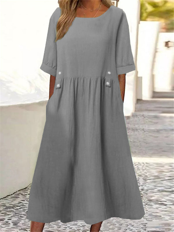 A-Line Loose Buttoned Pleated Pockets Round-Neck Midi Dresses