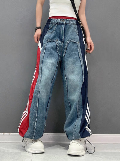 Loose Wide Leg Contrast Color Drawstring Elasticity Fringed Split-Joint Jean Pants Bottoms