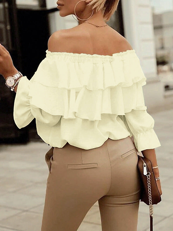 Long Sleeves Loose Layered Pleated Solid Color Split-Joint Tied Off-The-Shoulder Blouses&Shirts Tops