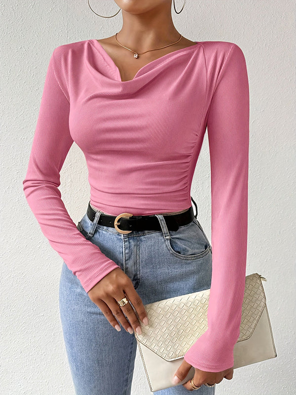 Long Sleeves Skinny Pleated Solid Color Split-Joint V-Neck T-Shirts Tops