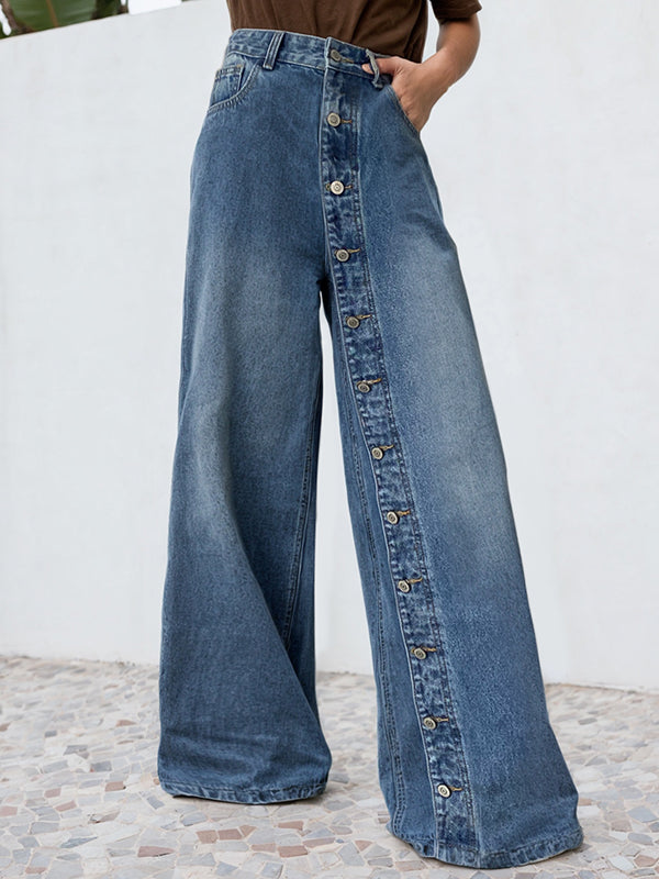 High Waisted Loose Buttoned Pockets Jean Pants Bottoms