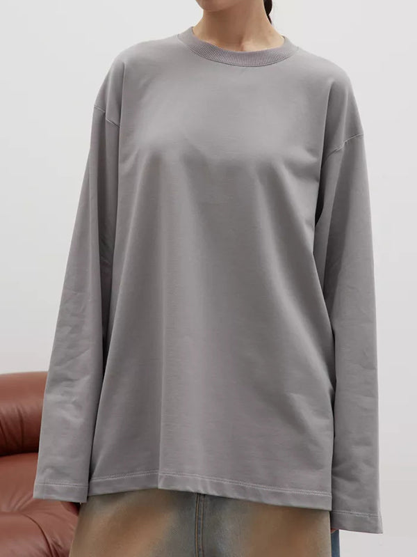 Long Sleeves Loose Solid Color Round-Neck T-Shirts Tops