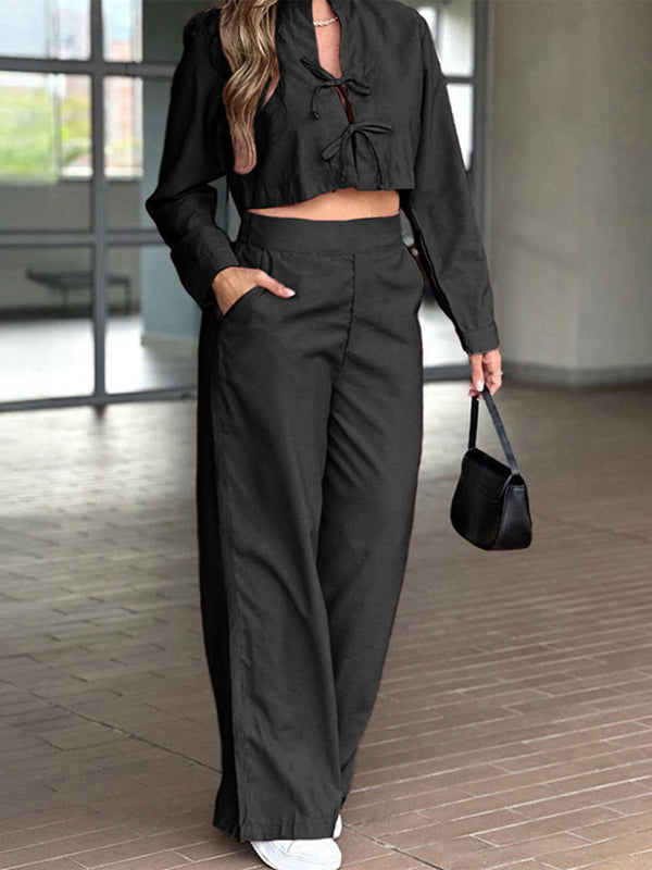 Long Sleeves Solid Color Tied Stand Collar Blouses&Shirts Tops + Elasticity Pockets High Waisted Pants Bottom Two Pieces Set