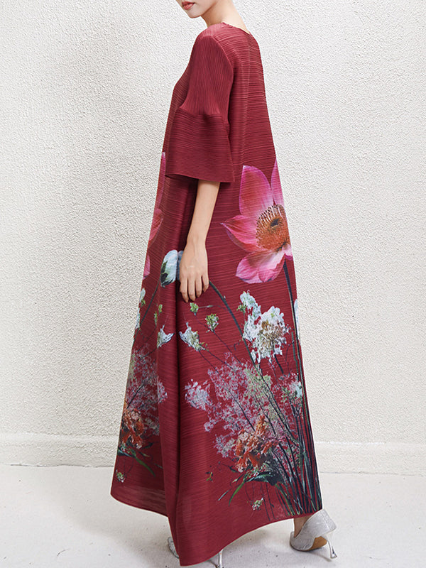 A-Line Flared Sleeves Flower Print Pleated V-Neck Maxi Dresses