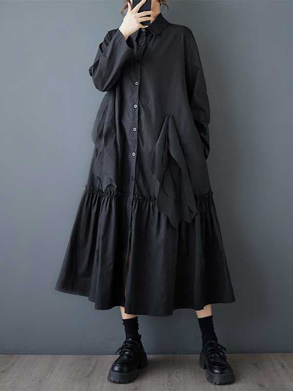 A-Line Long Sleeves Buttoned Pleated Pockets Solid Color Split-Joint Lapel Midi Dresses