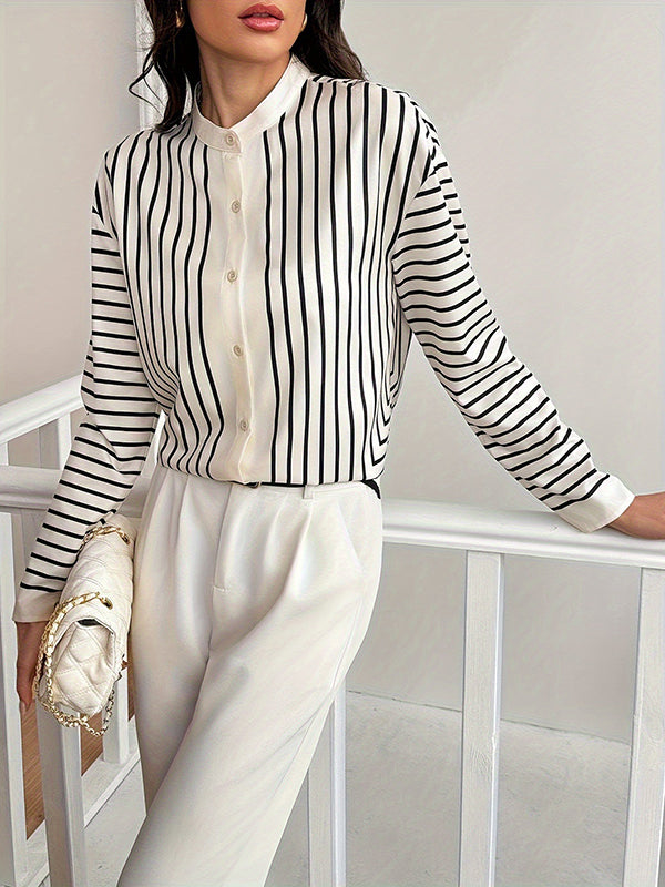 Long Sleeves Loose Buttoned Striped Round-Neck Blouses&Shirts Tops