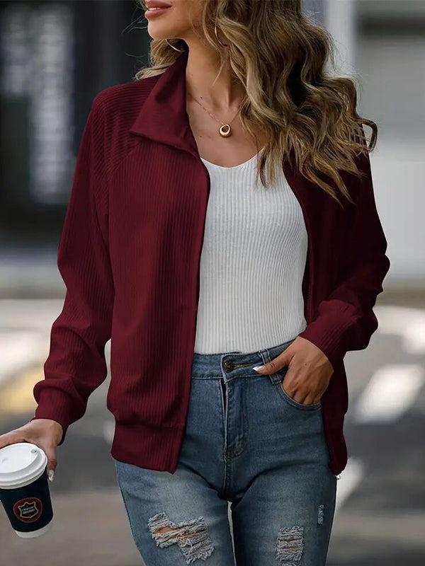 Long Sleeves Loose Solid Color Zipper Lapel Outerwear