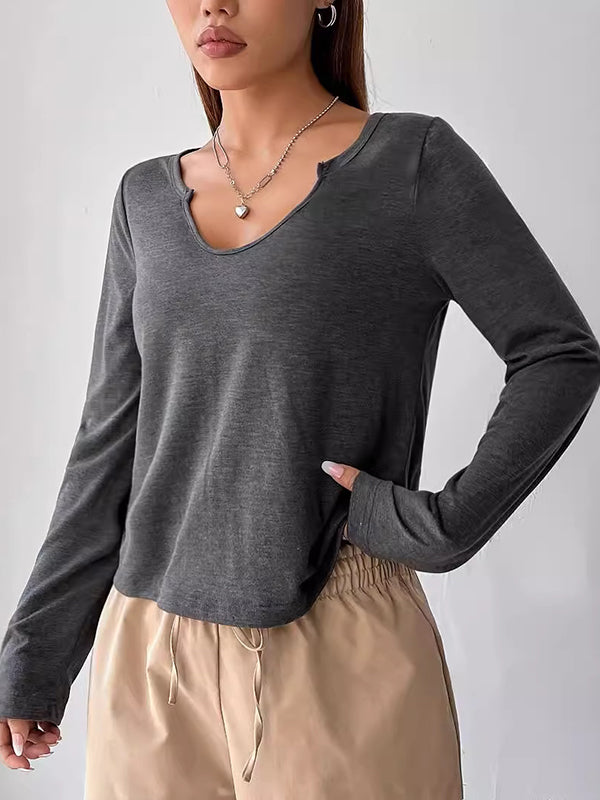 Long Sleeves Skinny Solid Color Split-Joint V-neck T-Shirts Tops